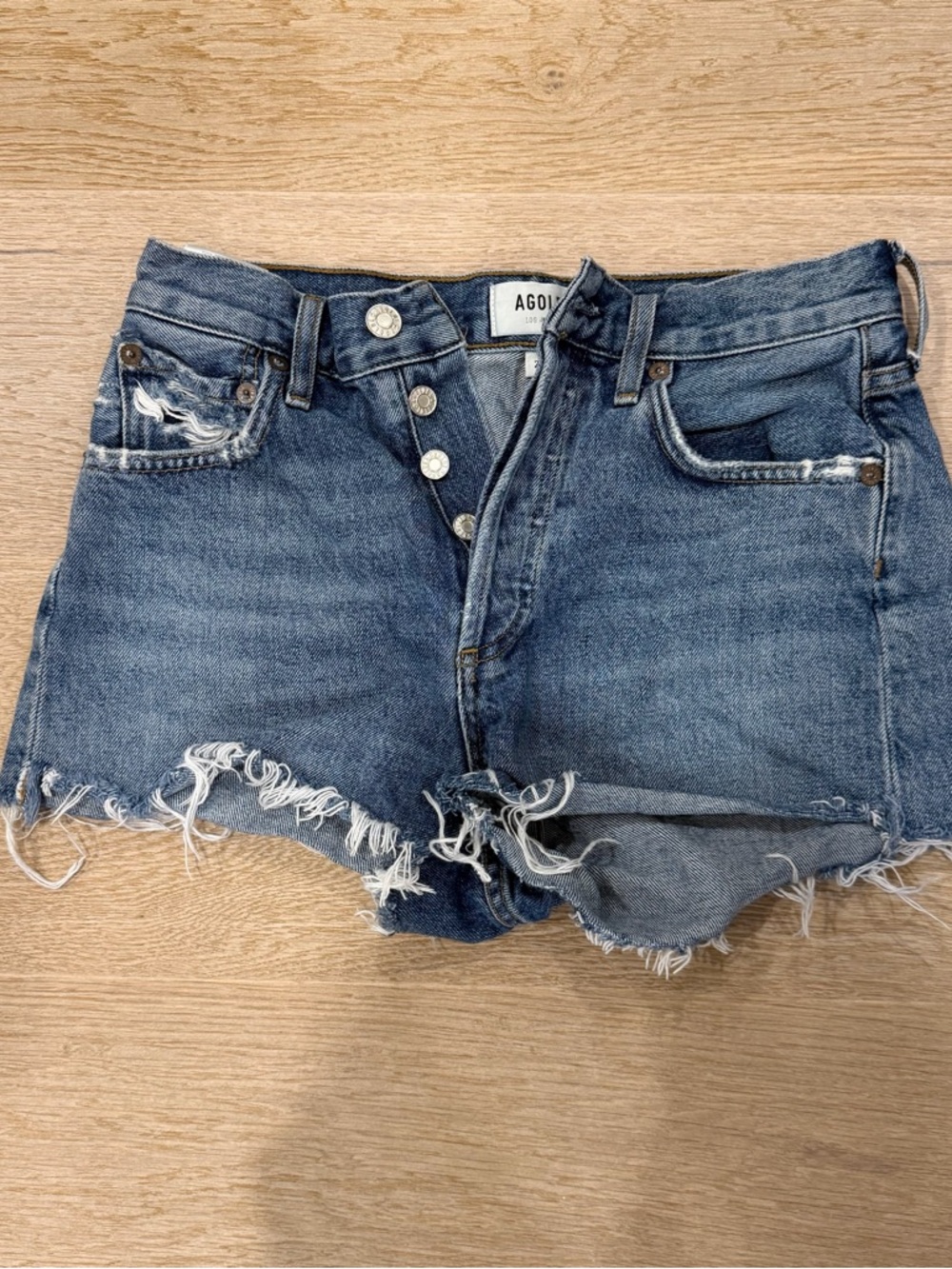 Agolde Distressed Mid-Blue High-Rise Cutoff Denim Shorts